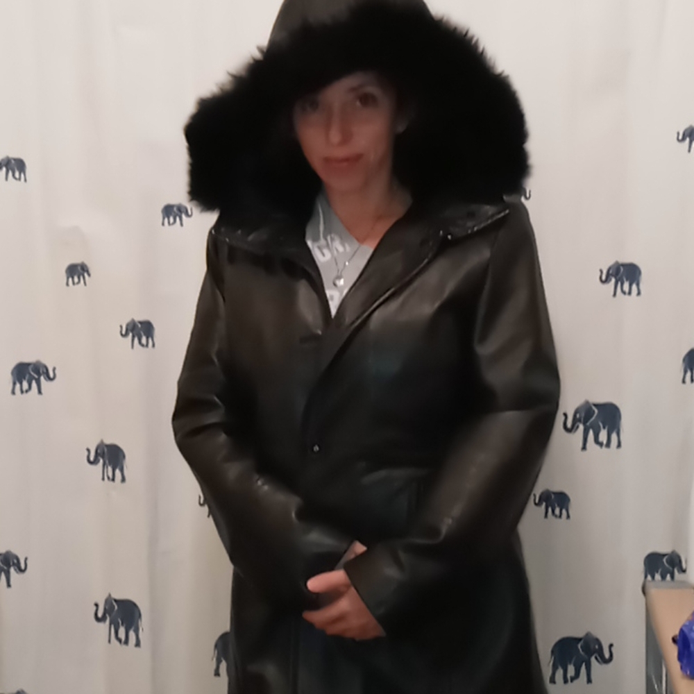 Calvin Klein 100% leather coat with real fur trim